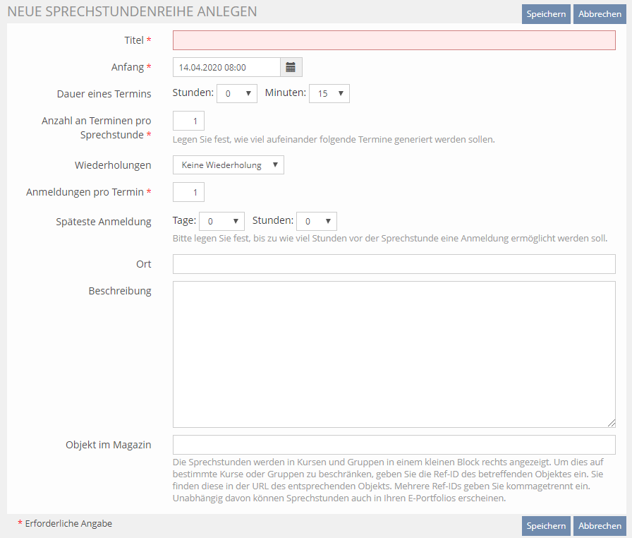 Screenshot der zeigt wie in ILIAS eine neuee Sprechstundenreihe angelegt werden kann