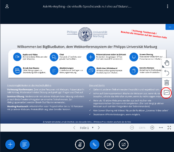 Screenshot eines BigBlueButton Konferenz auf der die Option Whiteboard in der Toolbar auf der rechten Seite eingerahmt ist