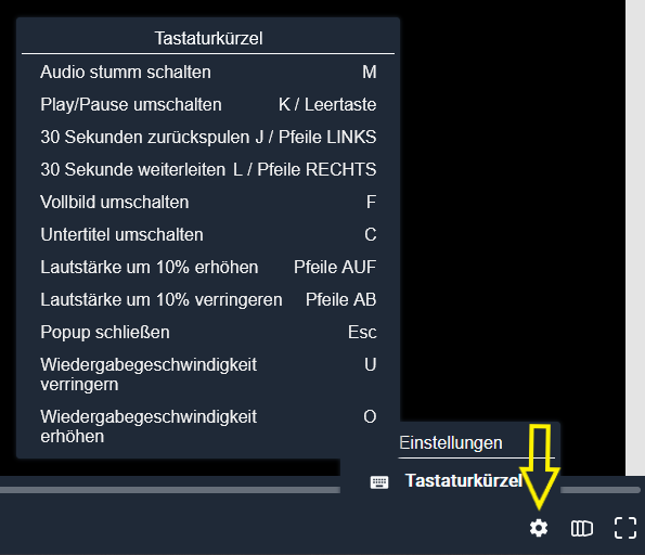 Screenshot OC Video, Menü Tastaturkürzel