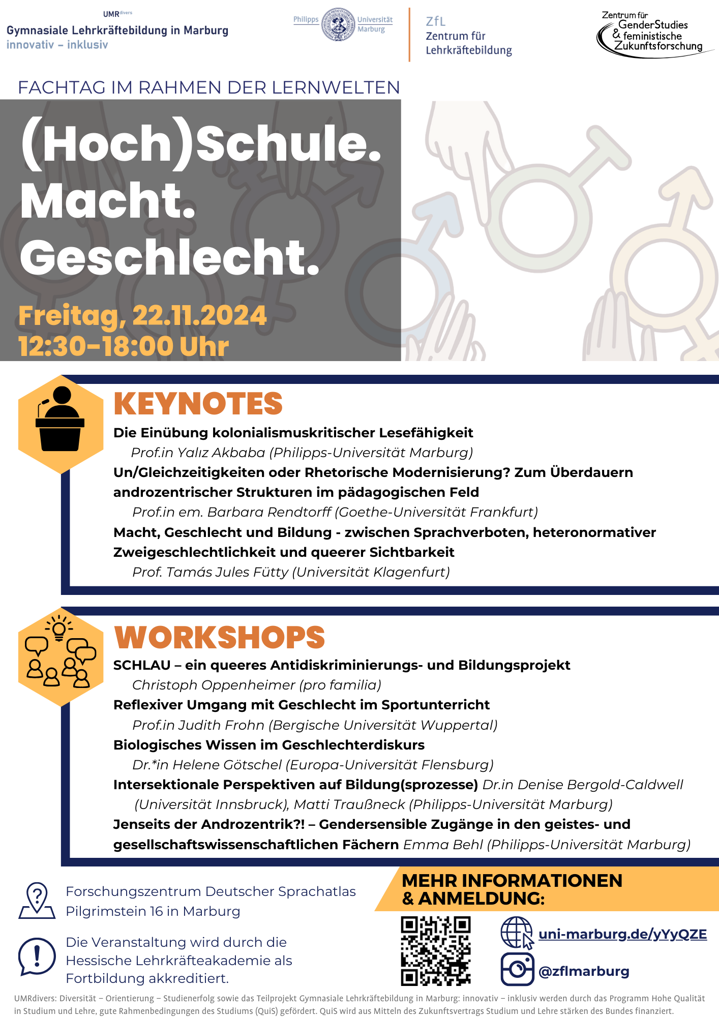 Werbeposter für den Fachtag "(Hoch)Schule. Macht. Geschlecht.", der am 22.11.2024 im Rahmen der LernWelten vom Zentrum für Lehrkräftebildung in Kooperation mit dem Zentrum für Gender Studies und feministische Zukunftsforschung organisiert wurde