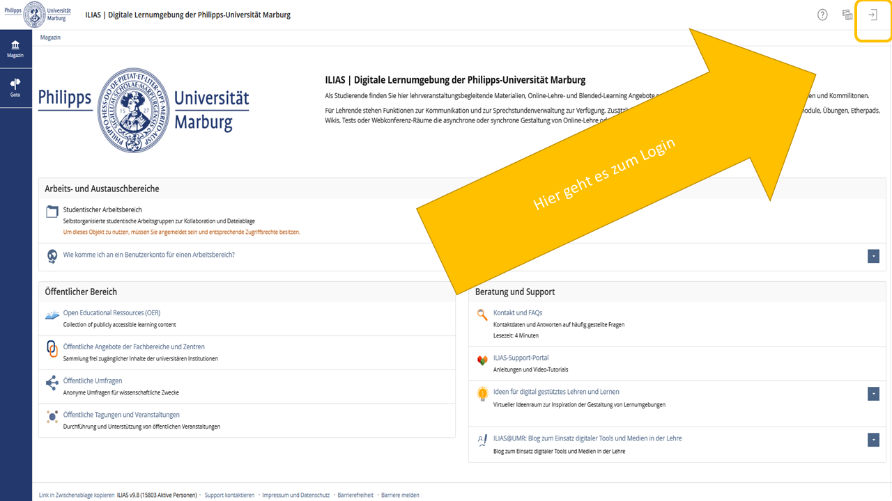 Screenshot der ILIAS-Startseite, oben links ist der Loginbutton (gelb markiert).